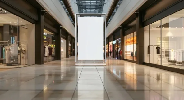 A shopping centre walkway with a large display screen
